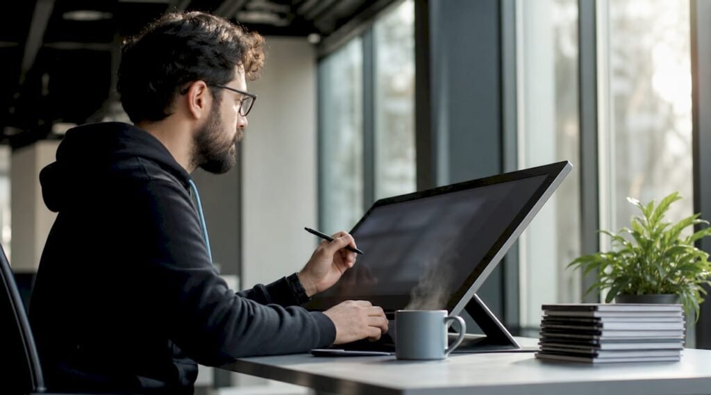 Developer sketching mobile app wireframes at desk