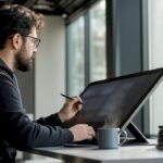 Developer sketching mobile app wireframes at desk
