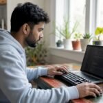 Developer coding on dual monitors at home office