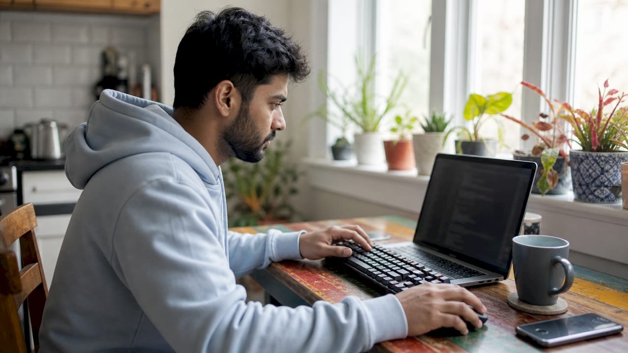 Developer coding on dual monitors at home office