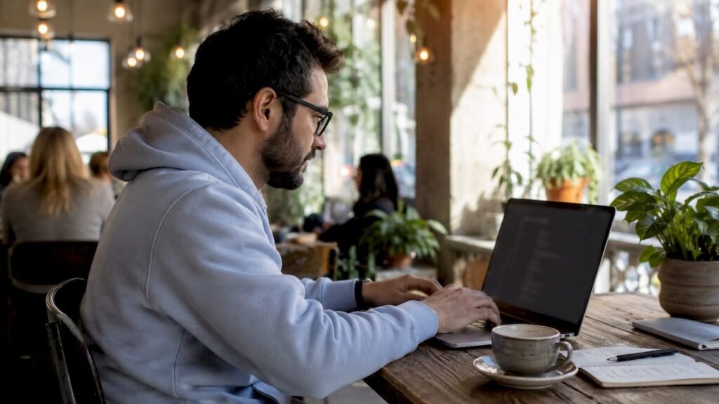 Developer coding at home office desk