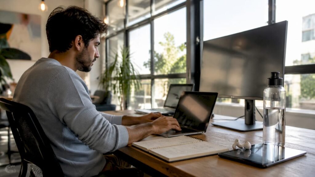 Developer working on deployment process at desk