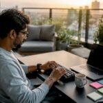 Developer coding at desk with dual monitors