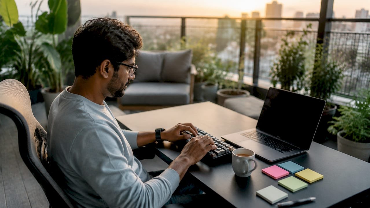 Developer coding at desk with dual monitors