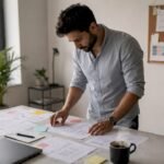 Startup founder analyzing app launch materials