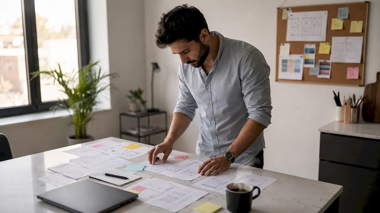 Startup founder analyzing app launch materials