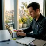 Engineer coding backend at co-working desk