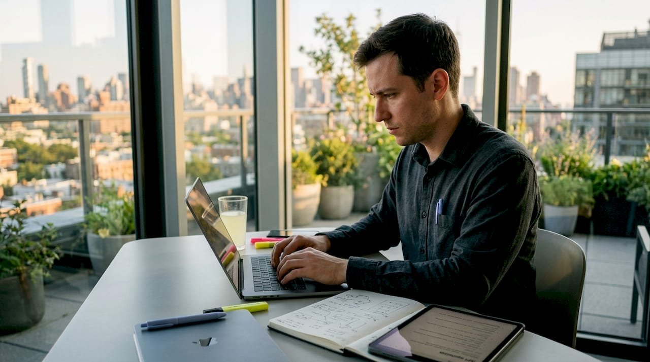 Engineer coding backend at co-working desk