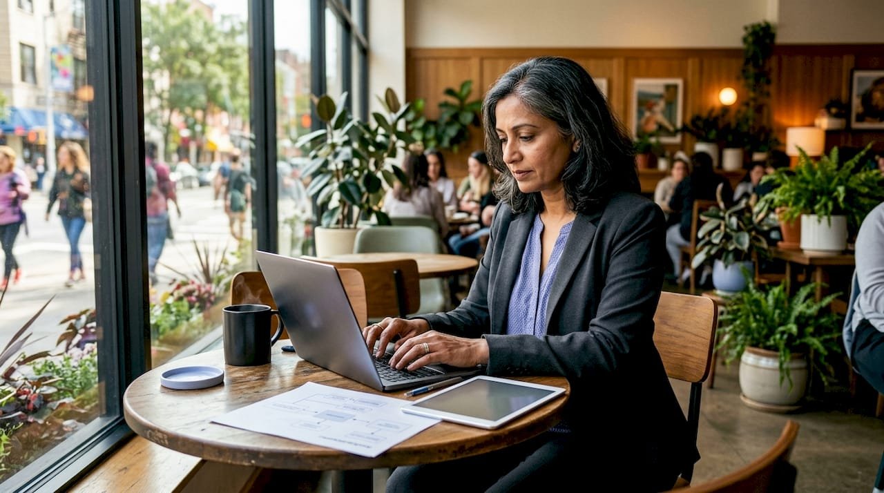 Woman working on AI workflow automation at desk