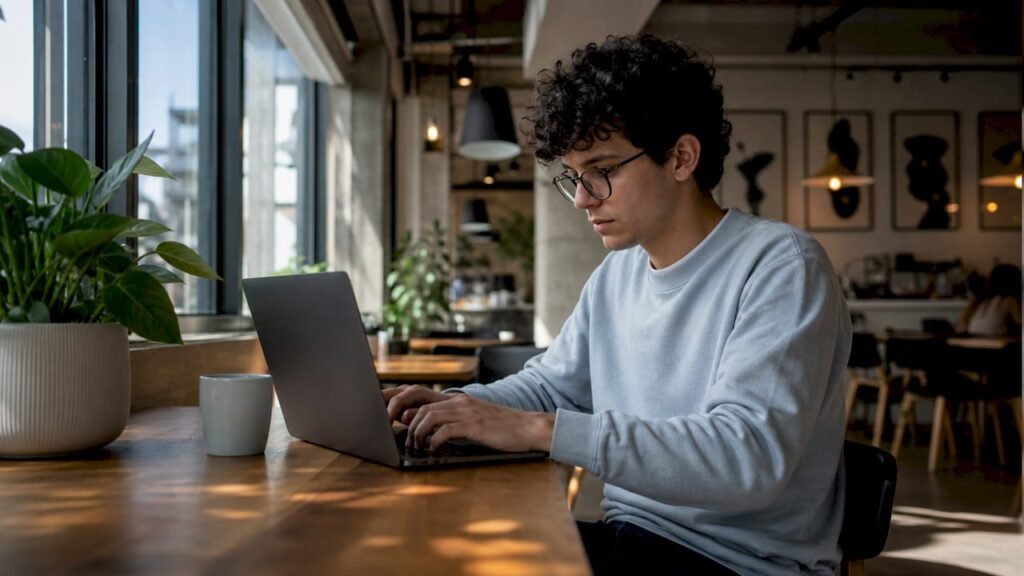 Developer coding Flutter app on laptop in office