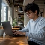 Developer coding Flutter app on laptop in office
