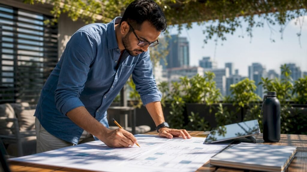 Software architect reviewing app architecture plans