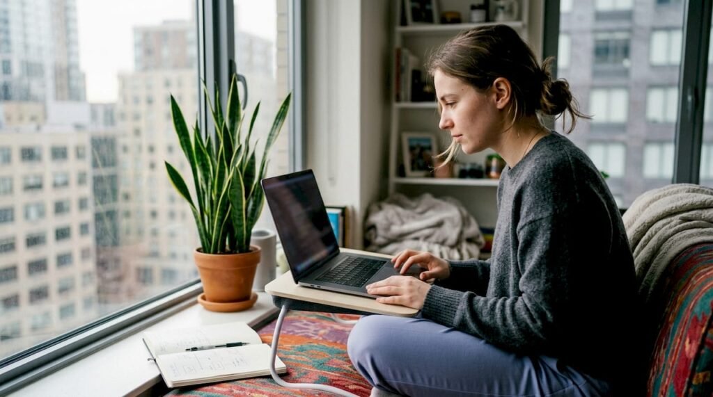 Developer coding mobile app state management laptop